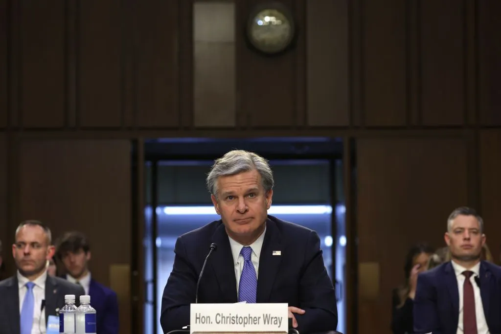 FBI Director Christopher Wray testifies during a hearing before Senate Judiciary Committee