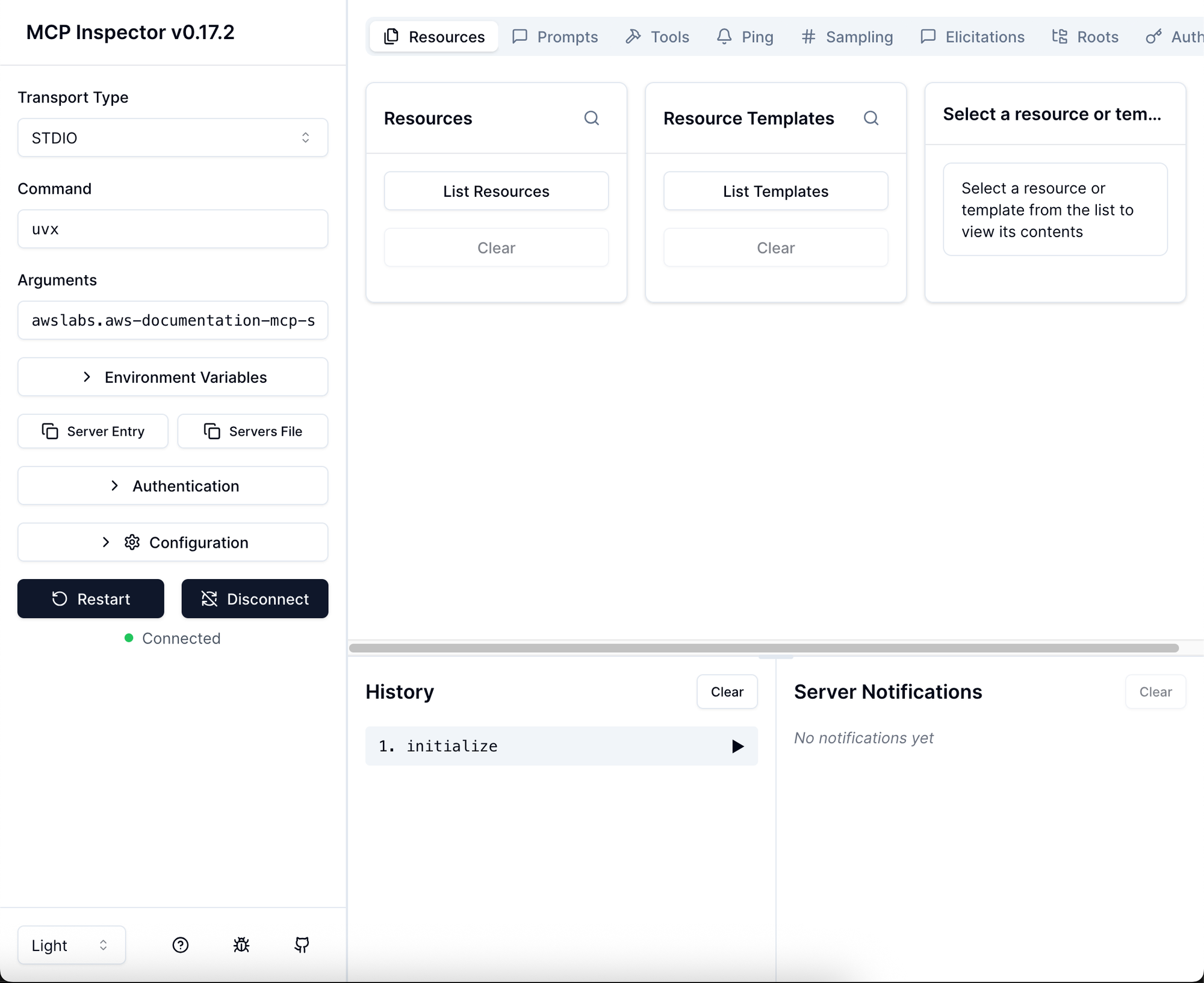 A screenshot of the MCP Inspector Connected to the AWS Documentation MCP Server