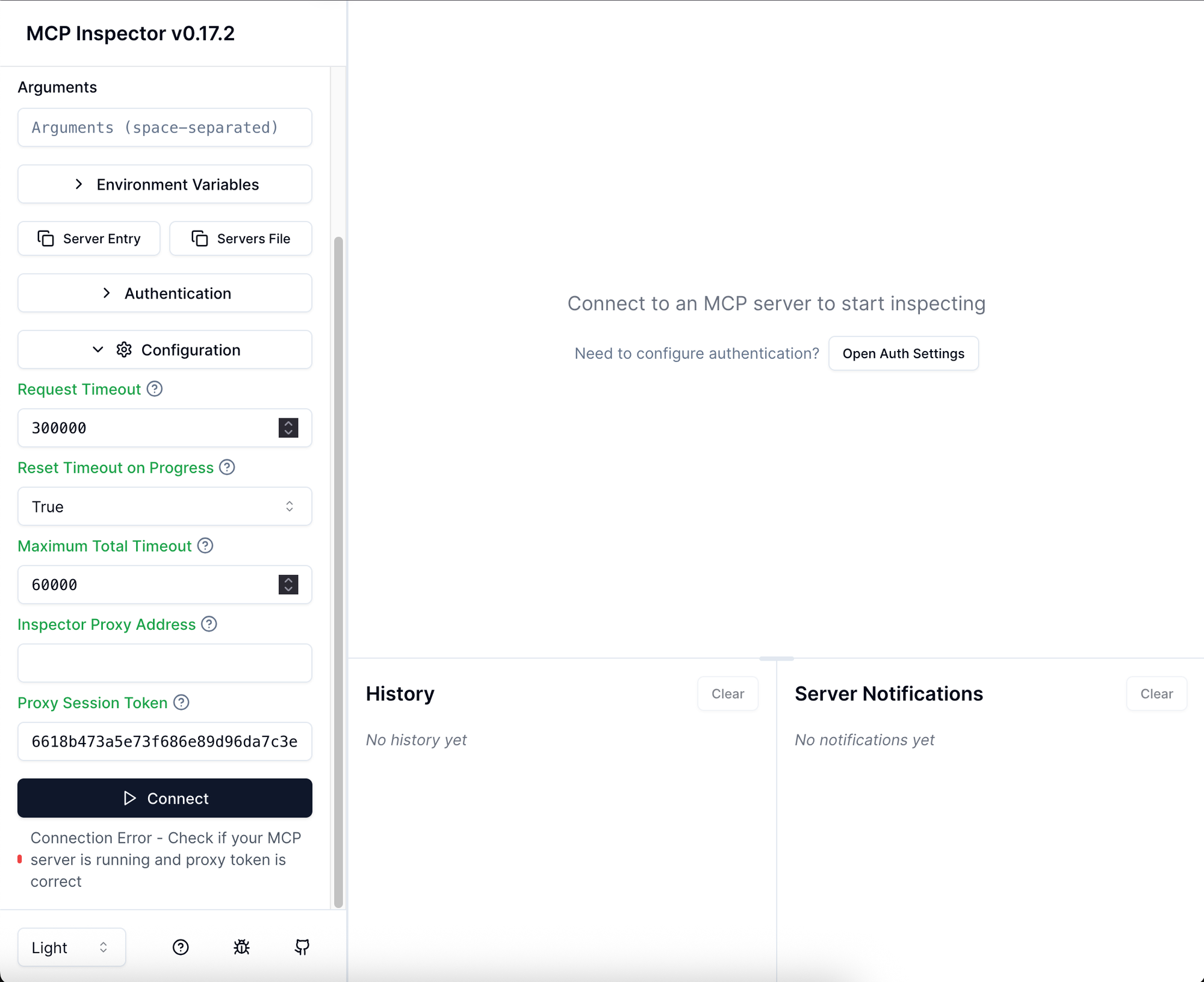 A blank instance of MCP Inspector running in a browser