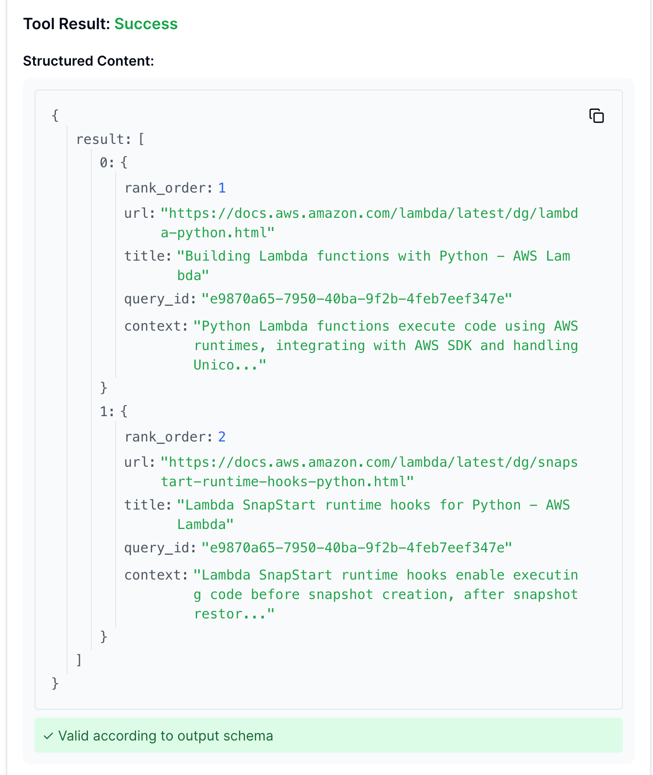 A JSON Search response for a Lambda Runtime search request