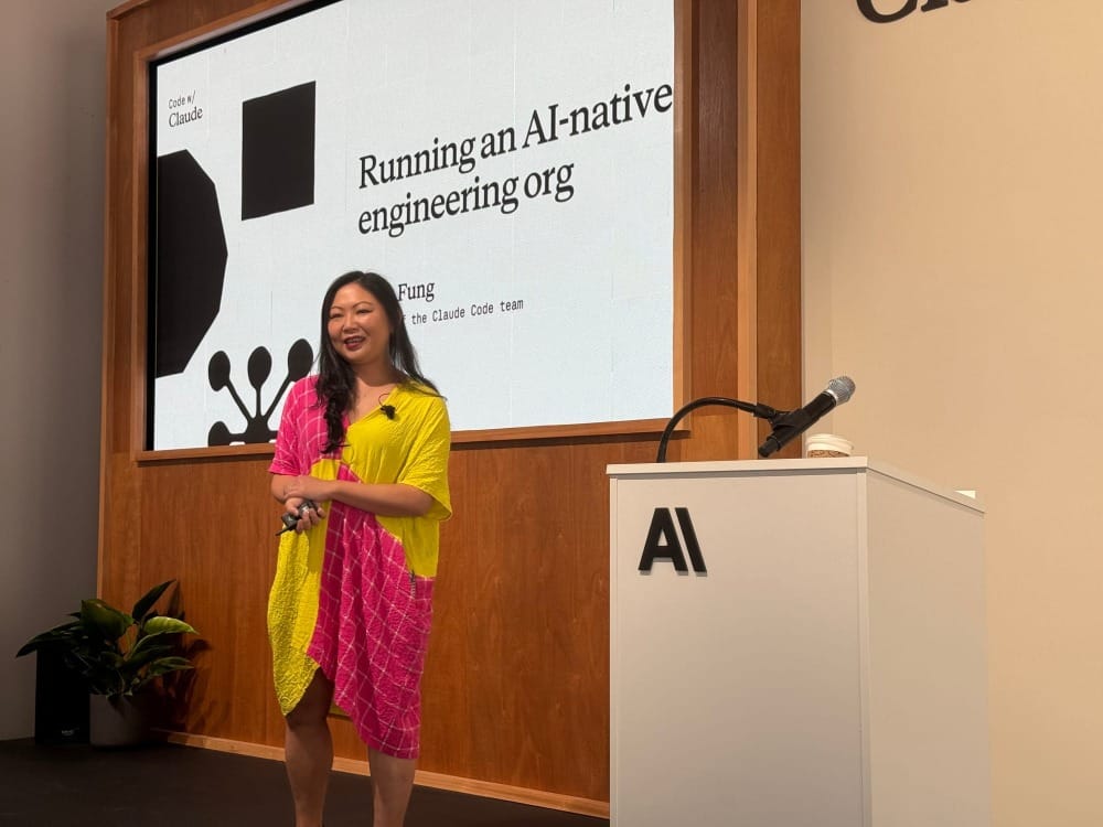 Fiona Fung giving a talk on running AI-native engineering orgs