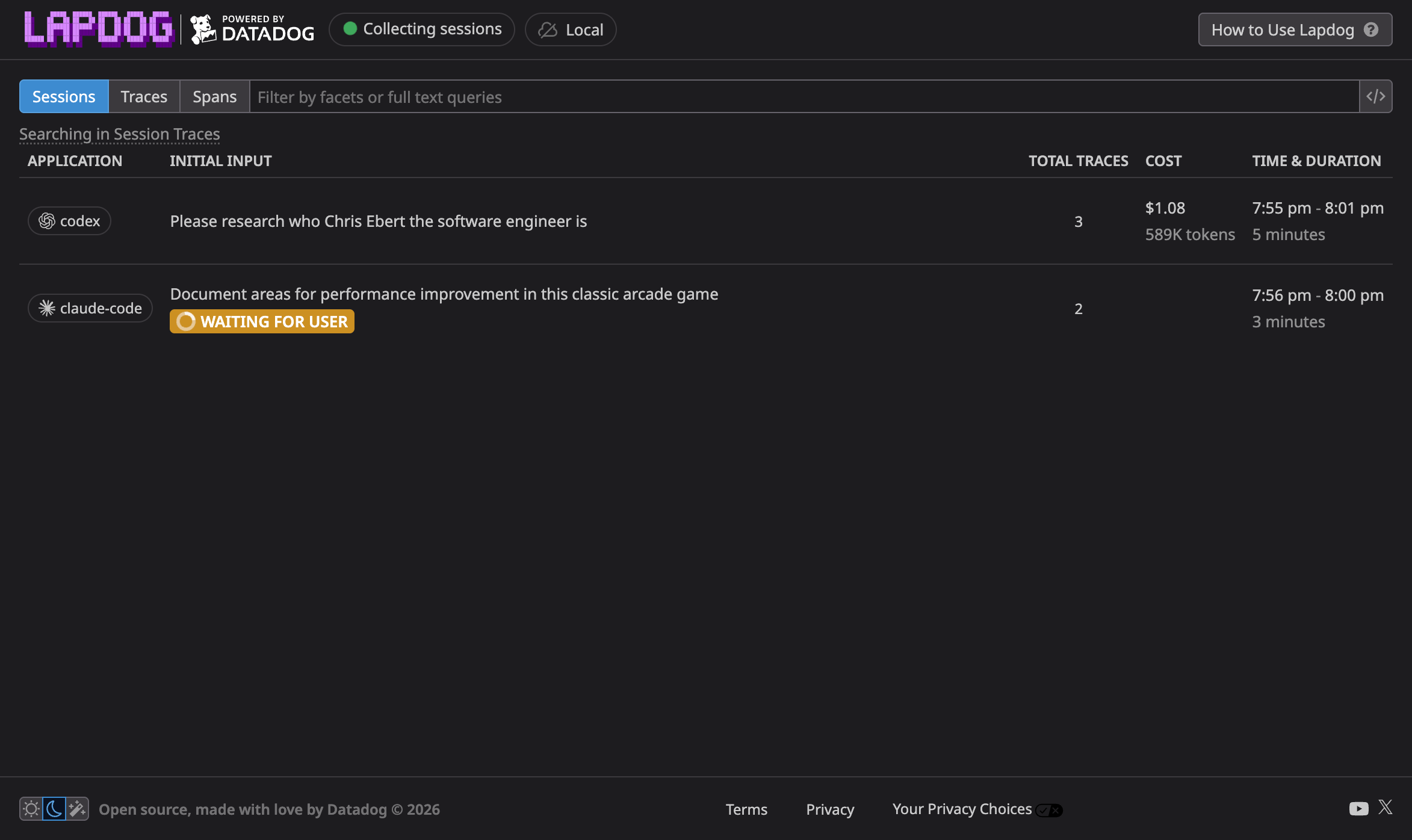 A browser screenshot of Codex and Claude Code sessions being profiled by Lapdog in the session dashboard