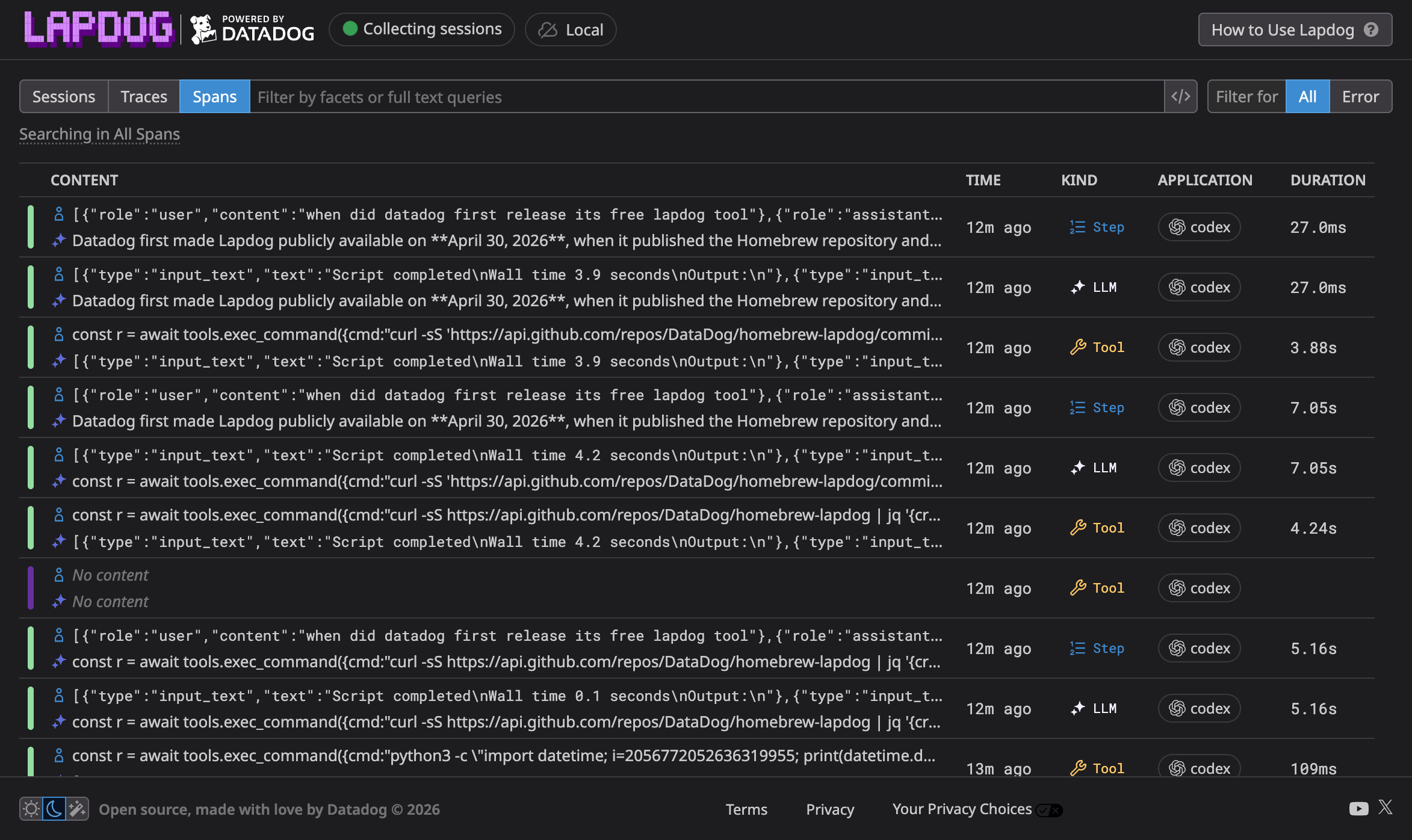 A screenshot of a browser displaying Lapdog traces