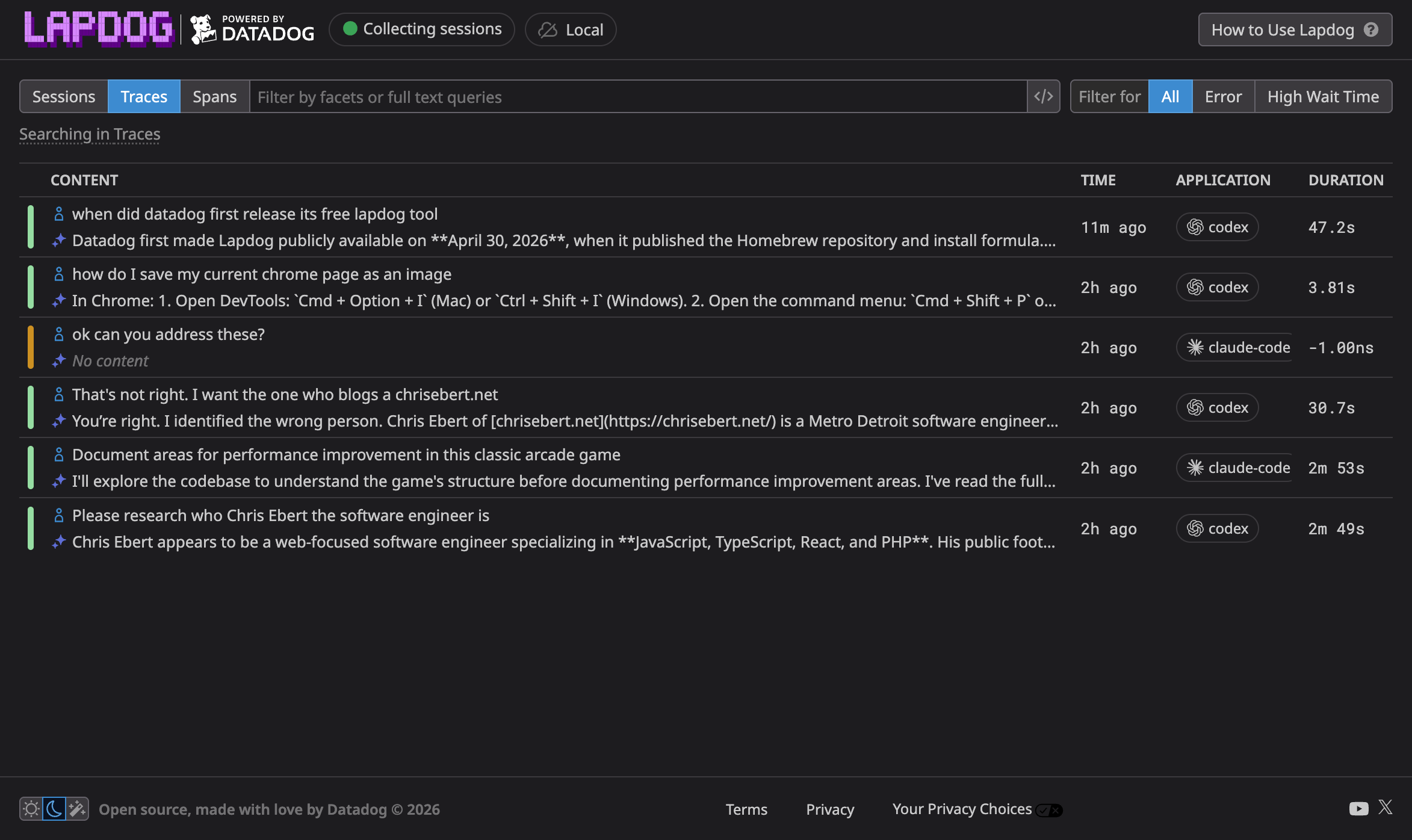 A screenshot of a browser displaying Lapdog traces