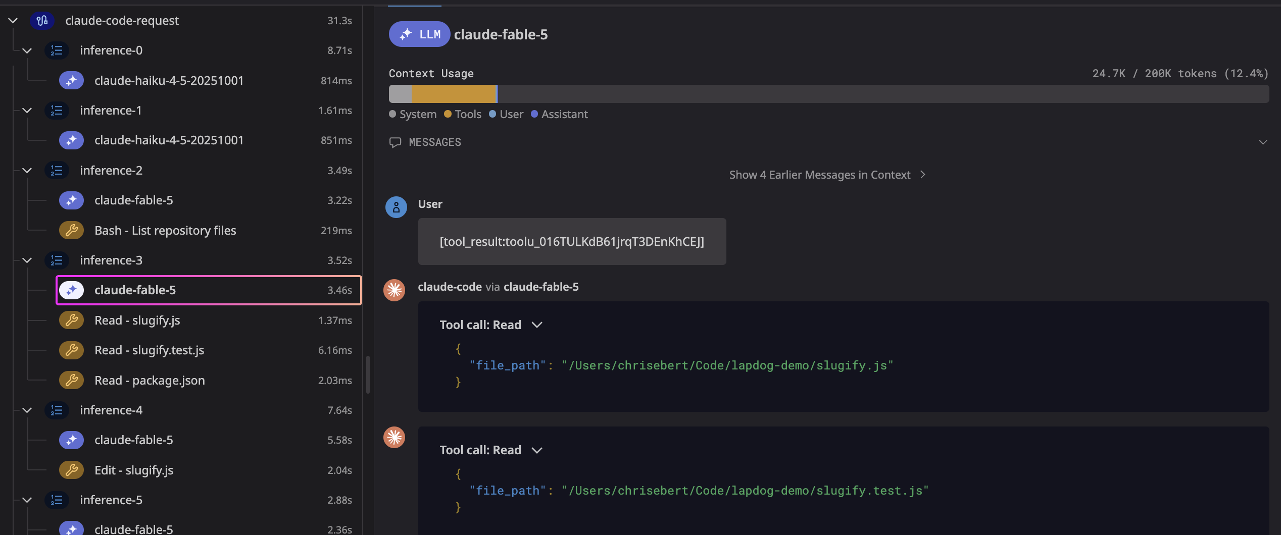An inference trace screenshot using the read file tool call