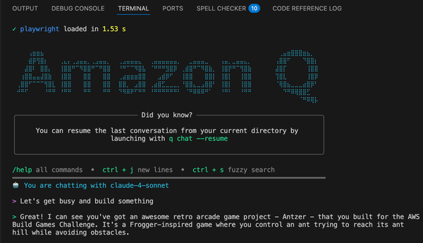 Terminal showing Amazon Q chat with Claude; user asks to build something, Claude suggests a Frogger-style ant game.