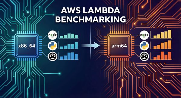 Illustration labeled “AWS Lambda Benchmarking” showing a blue x86_64 processor on the left and an orange arm64 processor on the right, connected by an arrow, with Node.js, Python, and Rust lo