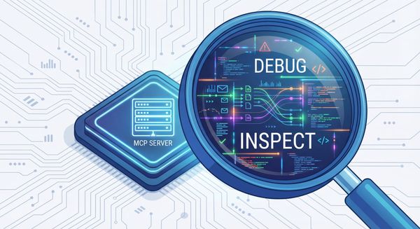 Magnifying glass inspecting MCP server data with debug and inspect code visuals on circuit background.