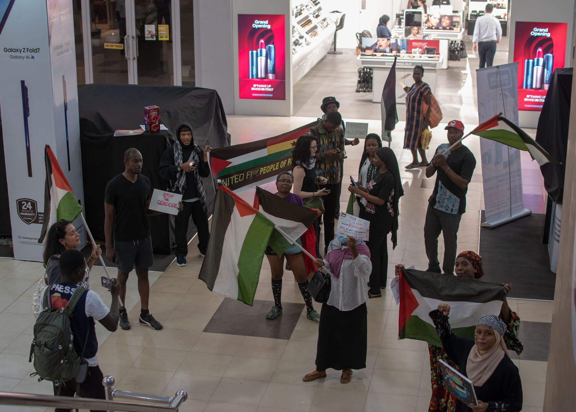 Accra, Ghana – September 17, 2025_ Activists in Ghana stand in solidarity with Palestinians during a protest against the Israeli film festival held at the Silverbird Cinemas, where they demanded an end to the Israeli genocide of Palestinians in Gaza.