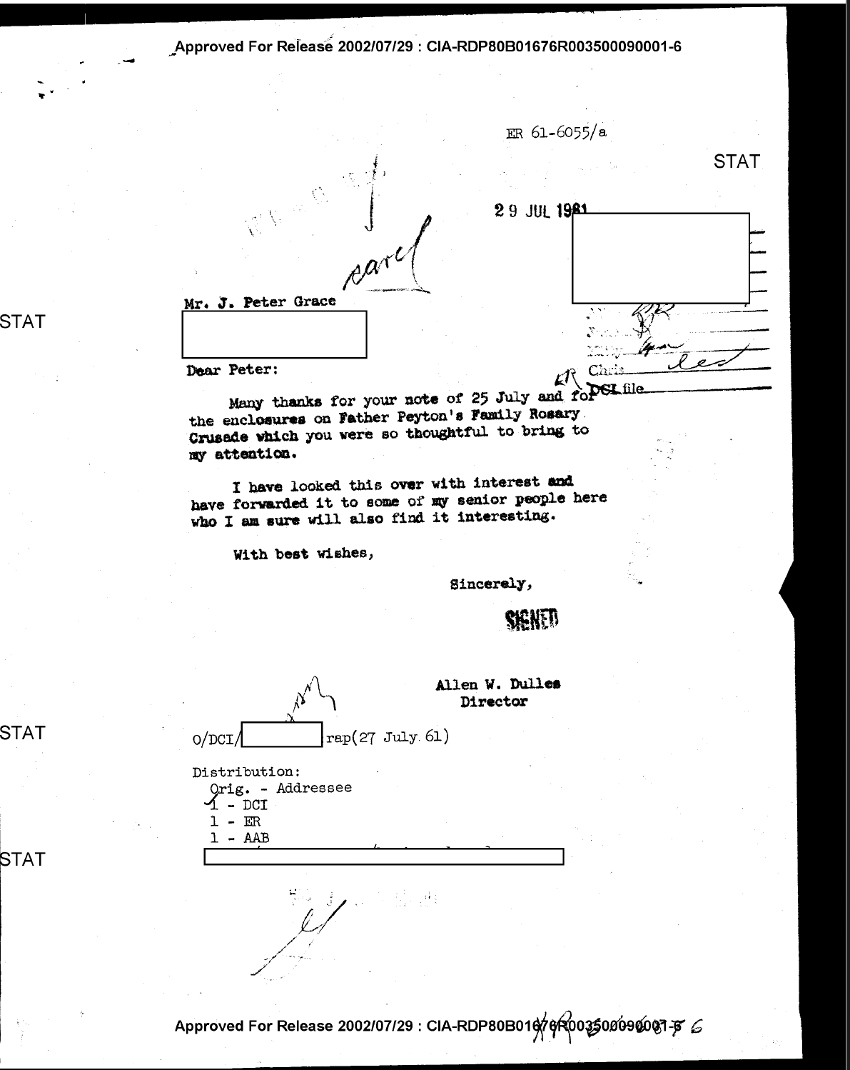 Una carta de 1961 revela el vínculo entre la Cruzada del Rosario, Peter Grace y el director de la CIA, Allen Dulles