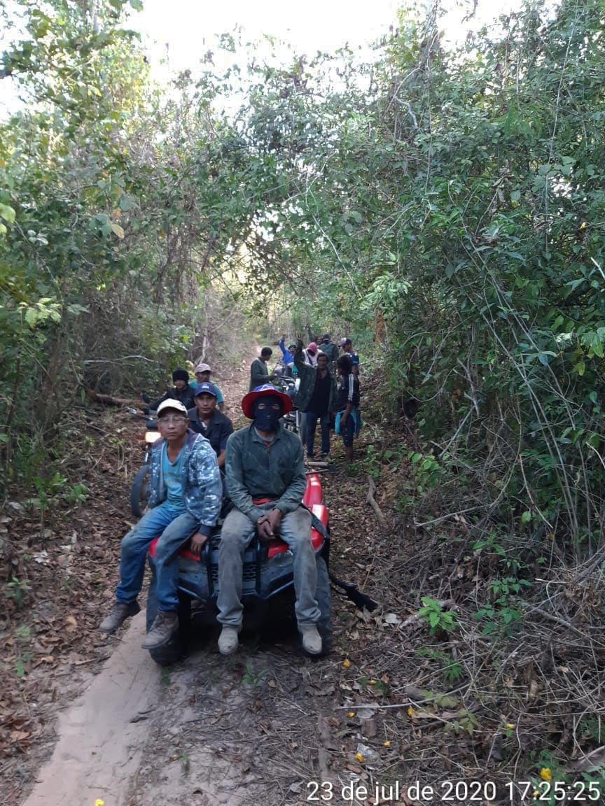 A group of Guardians patrols one of the roads opened by loggers to move timber out of Arariboia.  The Guajajara use motorcycles and quad bikes to speed up their rounds