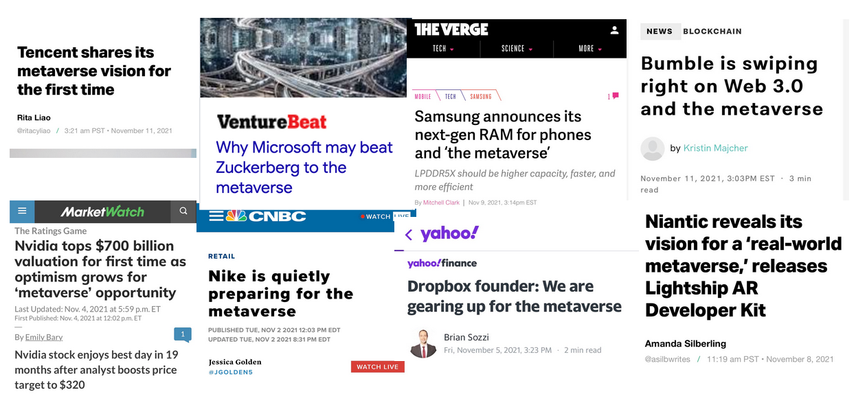 Anúncios corporativos de estratégias de metaverso, coletados por @ParisMarx