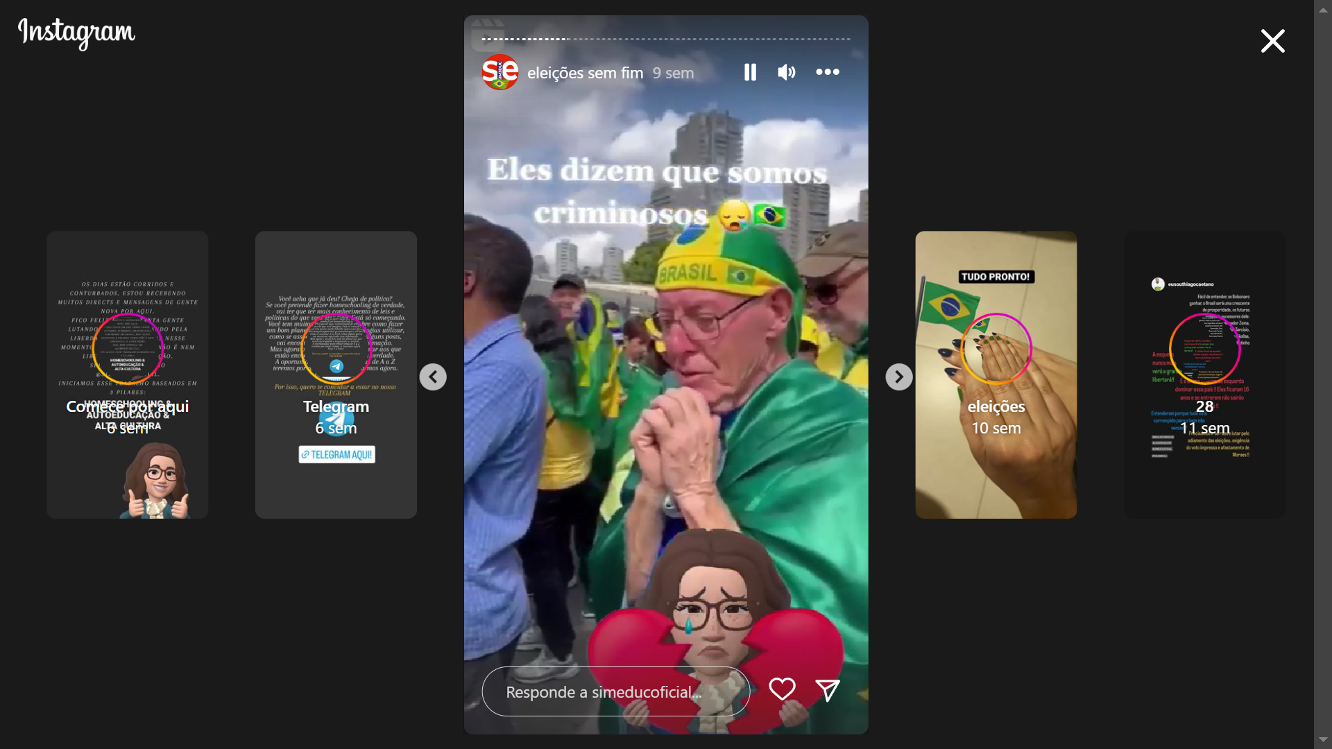 Captura de pantalla de un reel de Instagram de Simeduc, con un avatar de Gaba Costa de corazón roto