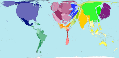 Worldmapper: World in 2002. Territory size shows the proportion of worldwide wealth found there, adjusted for local purchasing power.  © Copyright SASI Group (University of Sheffield) and Mark Newman (University of Michigan).