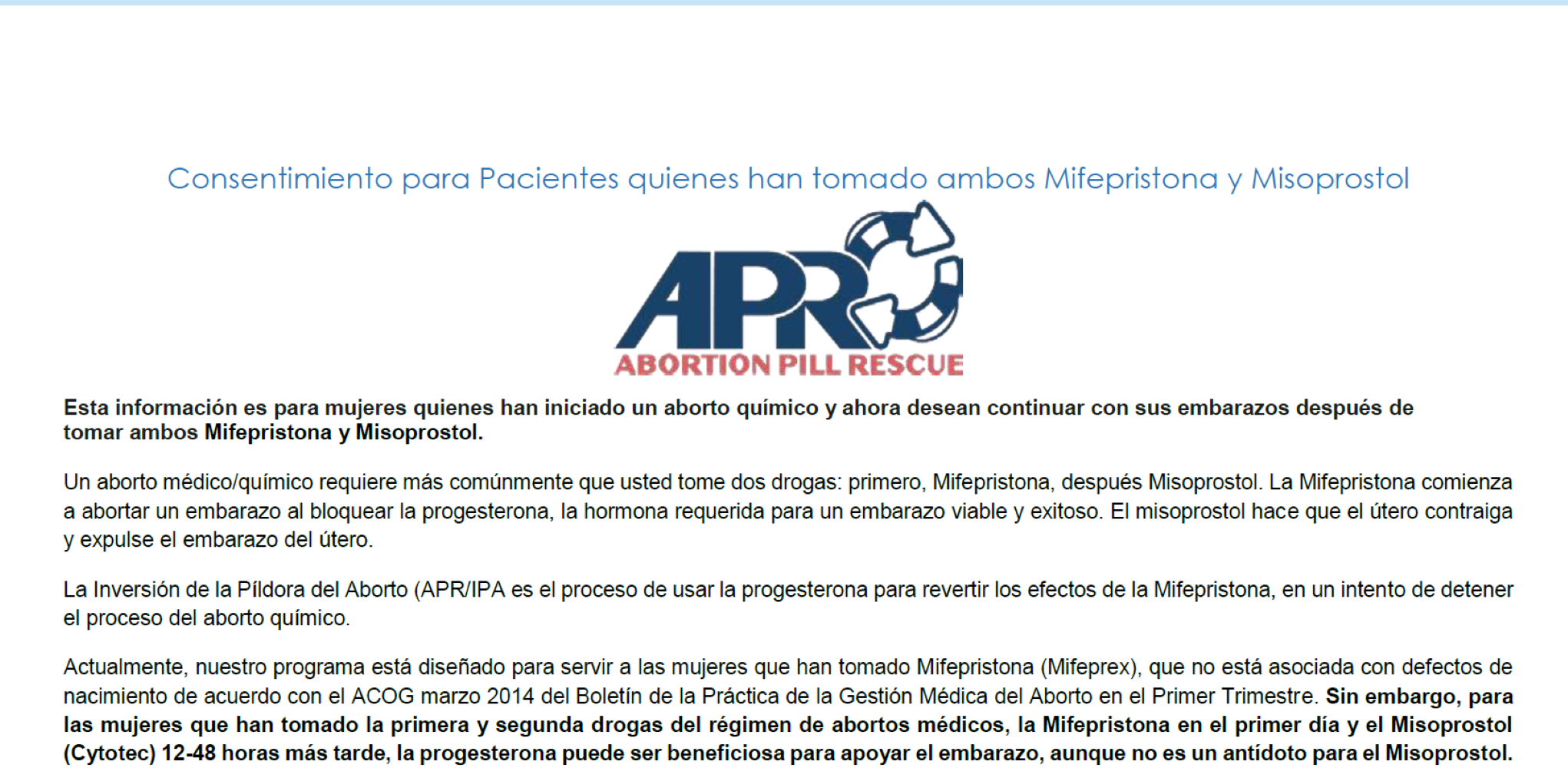 Formulario de consentimiento de la APR enviado a nuestras reporteras por Heartbeat International