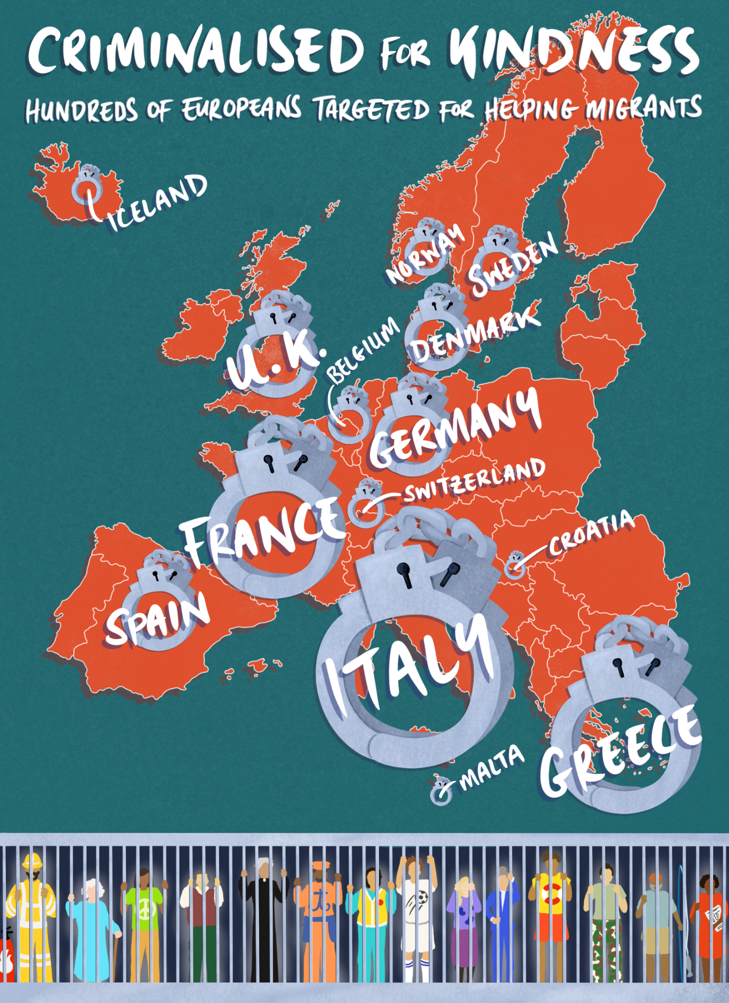 Criminalised for Kindness infographic - hundreds of Europeans targeted for helping migrants