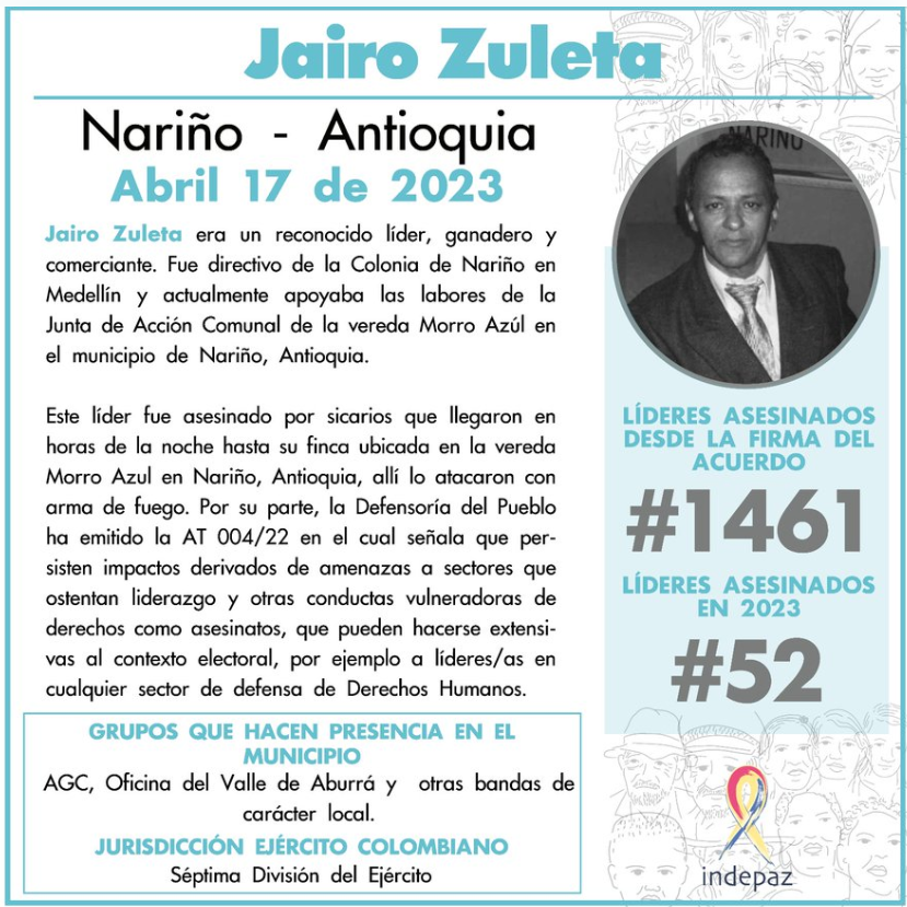 Tuíte sobre a morte de Jairo Zuleta
