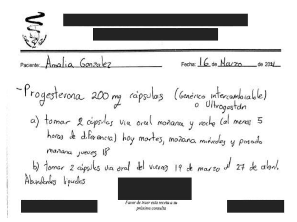 Receta enviada a nuestra reportera encubierta en México con los datos del médico eliminados