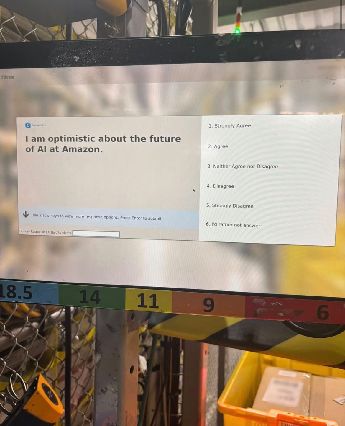 A survey on a screen posed to an Amazon US employee asks to what extent the reader agrees with the statement "I am optimistic about the future of AI at Amazon."