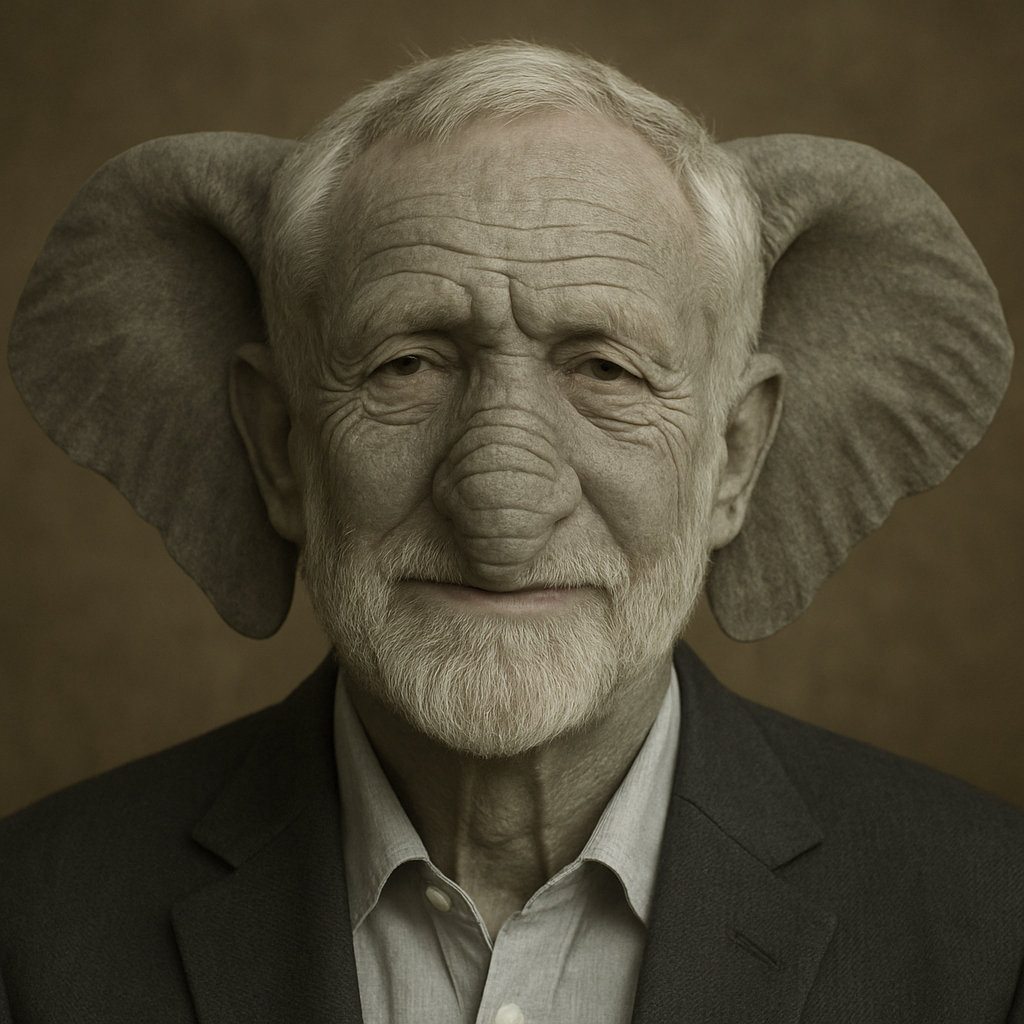 An AI generated mashup of Corbyn's face with an elephant