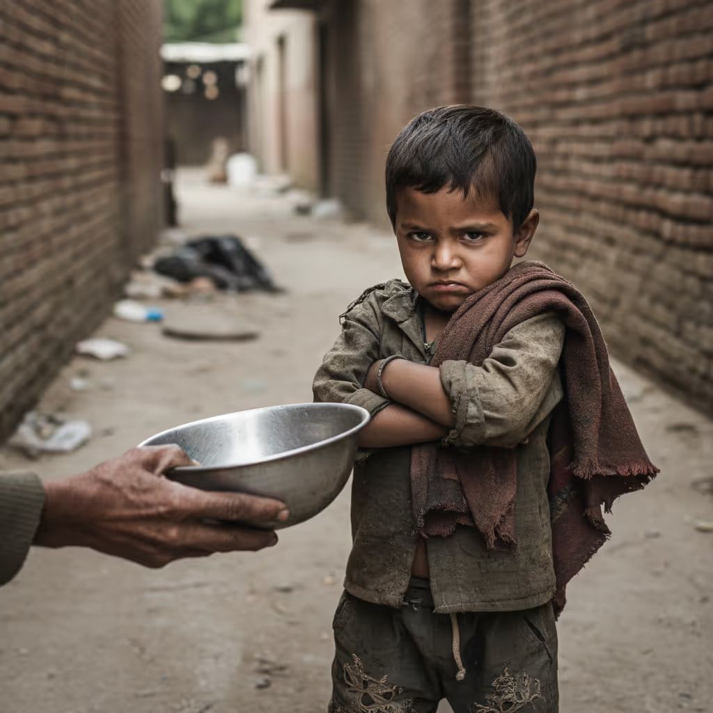 Angry looking child being handed a begging bowl