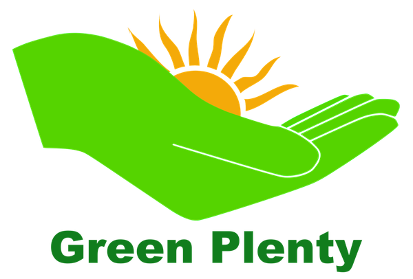 The Green Plenty logo. An open green hand suggesting hills with a sun rising behind it.