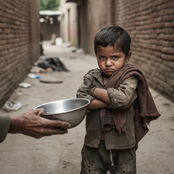 Angry looking child being handed a begging bowl