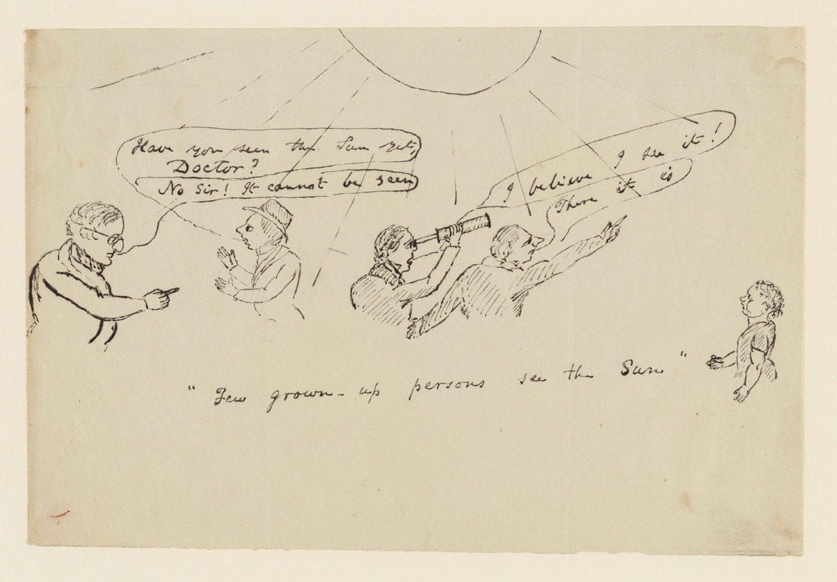 A line drawing of a child looking at a group of adults debating the location of the sun, even as it shines down directly upon them. A caption reads "Few grown-up persons see the Sun".