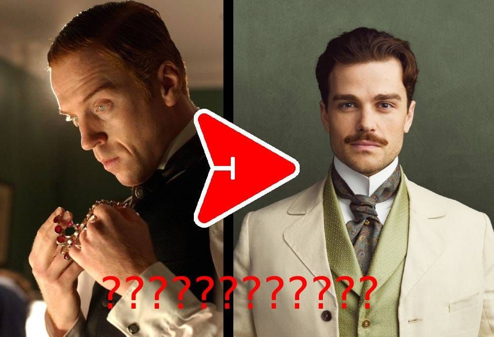 Twin portraits of Damian Lewis and Joshua Orpin both in the role of Soames Forsyte. A red arrow points from Lewis to Orpin, with a row of question marks beneath it.