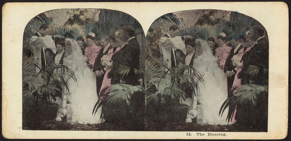 A fin-de-siecle stereograph image of a traditional English or American wedding ceremony
