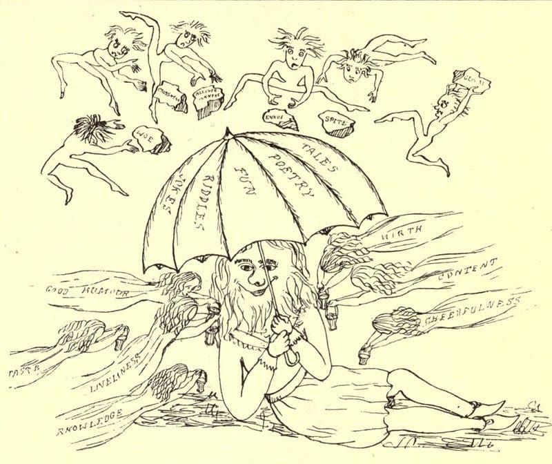 A pen and ink sketch of a happy bearded person under an umbrella inscribed with enjoyable activities, surrounded by various good and evil sprites.