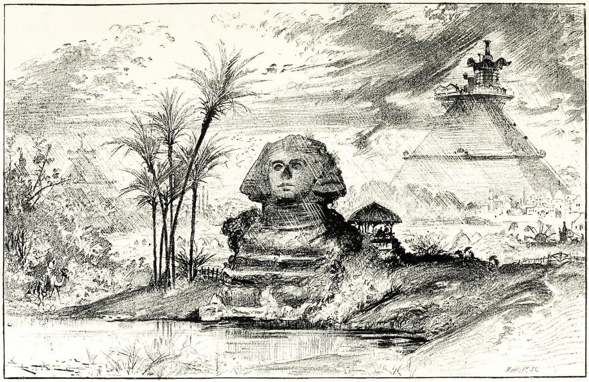A pencil drawing or etching of the Sphinx and the Great Pyramids surrounded by green plants, fresh water, and futuristic technology.