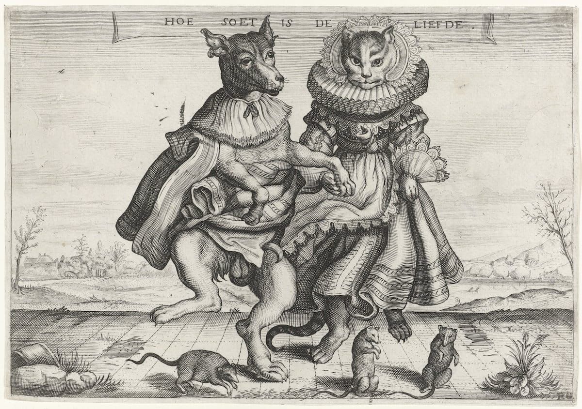 A ca. 1615 print of a dog and cat dressed in historic Dutch clothing, dancing upright with a group of mice. A banner reads "How sweet is love" in Dutch.