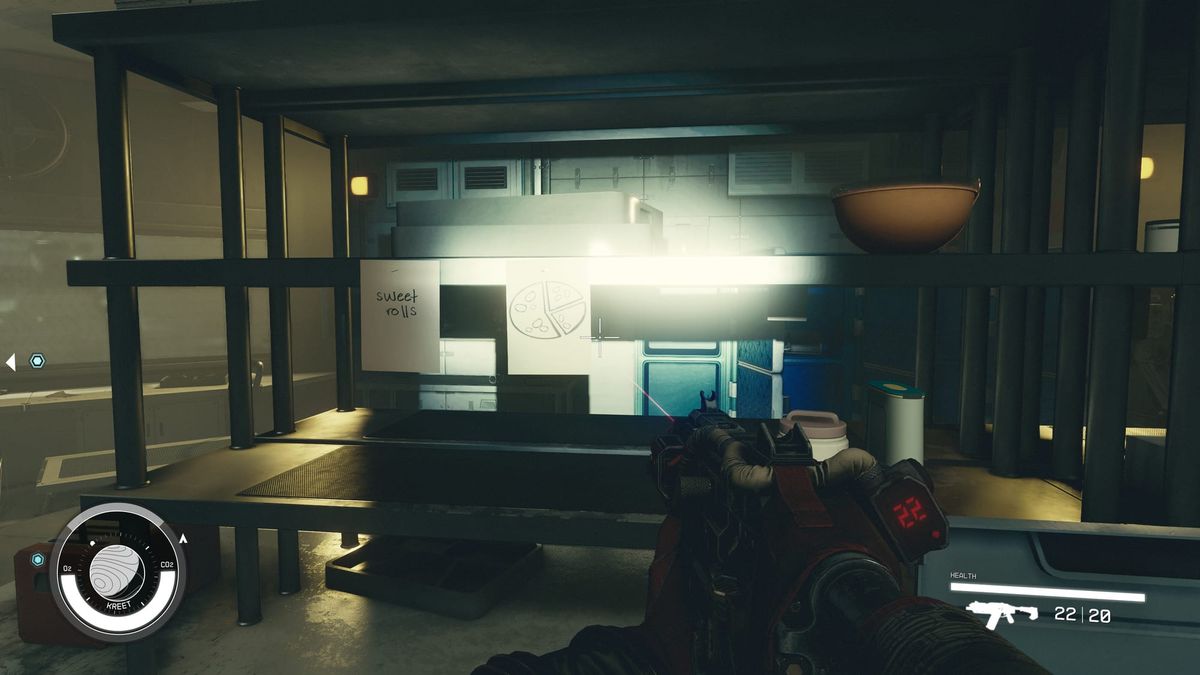 A screenshot from the video game Starfield showing a note reading "sweet rolls" posted in an area of the game