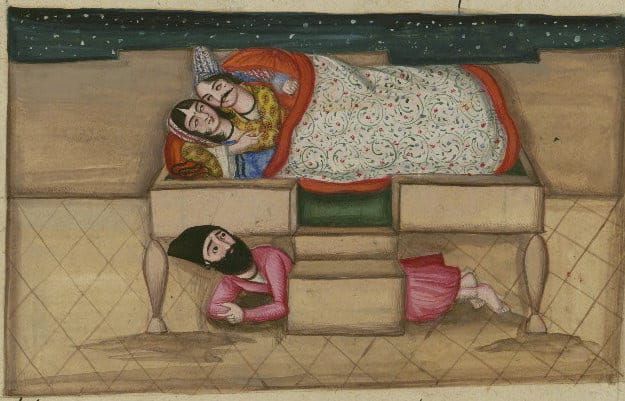 An 1847 illustration from Anvār-i Suhaylī showing a nervous man hiding beneath a bed while a couple embrace above him.