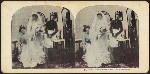 A stereograph from around 1900 showing a bride getting ready. A maid and seamstress help the bride dress while she poses, exp