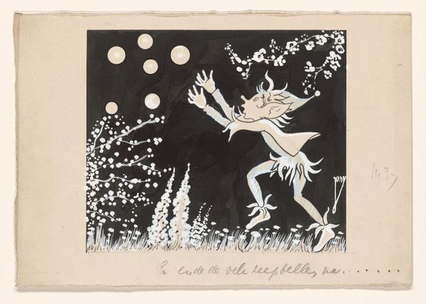 A ink drawing of a little elf chasing soap bubbles across a meadow. The elf wears a fringed costume. The bushes and trees of