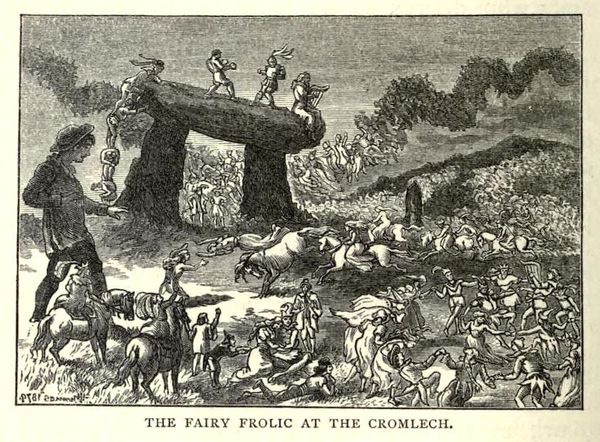 A woodcut or print captioned "The Fairy Frolic at Cromlech". A young man in period clothes looks on in amazement as a huge ga