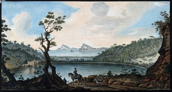 A colorful 1770s etching of Lake Avernus in Italy. The etching shows a beautiful vista of a large lake surrounded by hills an