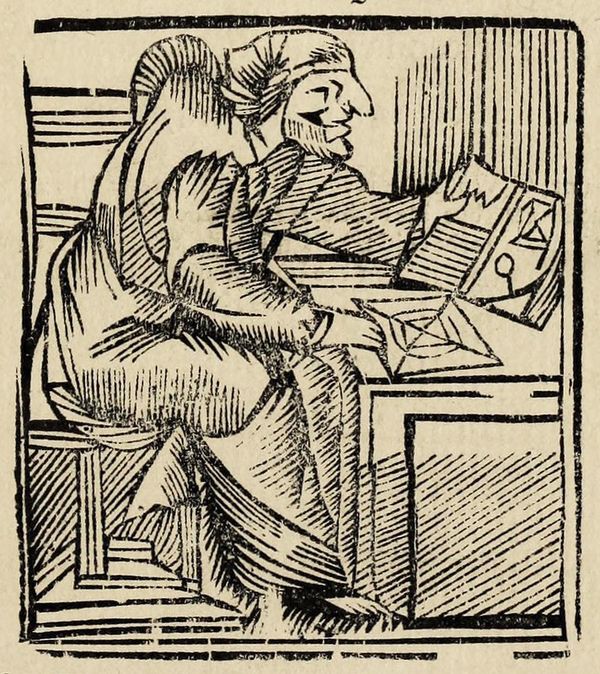 A 1686 woodcut from the book The Strange and Wonderful History of Mother Shipton depicting a person in loose robes hunched an