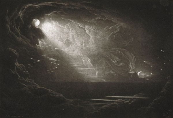 A great being plunges up through a massive cloudbank, robes rippling around them. The moon hovers above, bathing them in white light. The being reaches for the moon.