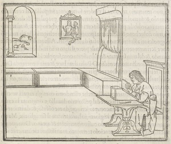 A woodcut image of a man sitting alone in a large room writing at a desk. Behind him is a long bench and a window with a view