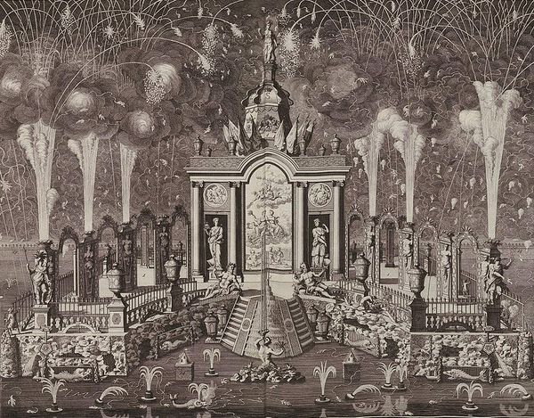 A detailed monochrome etching of a grand fireworks display over a floating garden decorated with Classical statuary and paint
