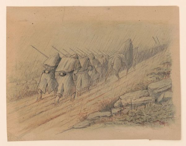 A sketch of a long line of soldiers marching morosely through the rain. They march along a muddy track between two empty fiel
