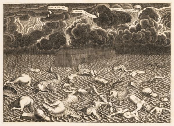 Woodblock print of the Biblical Flood showing heavy clouds raining down on a vast sea full of dead animals and people