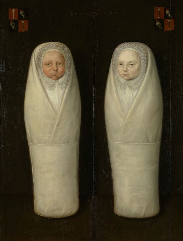 A painting of a pair of baby twins, both swaddled in white. The twins have similar appearances and expressions, but one is mu