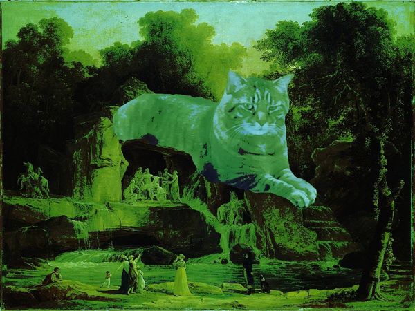 An acid green edit of an early 1800s painting of a natural bathing pool. The cave above the pool has been replaced with an enormous cat.