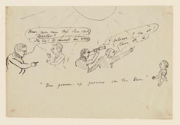 A line drawing of a child looking at a group of adults debating the location of the sun, even as it shines down directly upon them. A caption reads "Few grown-up persons see the Sun".