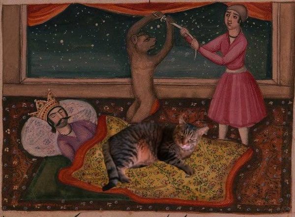 An 1800s Persian illustration of a king sleeping in bed, unaware that his servant is battling a monkey which is trying to kill him. A tabby cat has been photoshopped on the king's bed.
