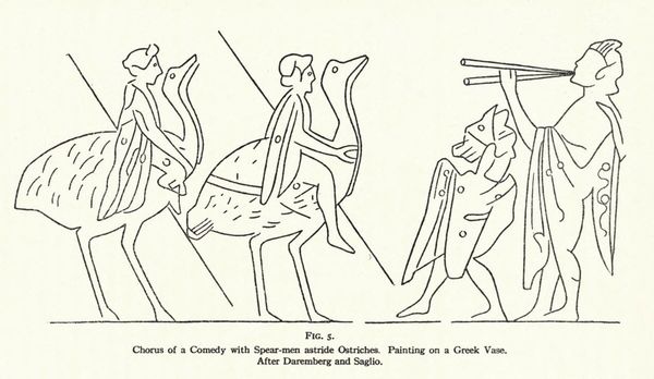 A line drawing replica of an Ancient Greek painting of warriors riding ostrices toward togaed musicians.
